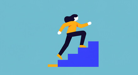 Minimalist vector illustration of a person climbing stairs, symbolizing career growth, personal development, and achieving goals.