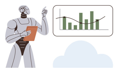 Robot with tablet gestures toward bar chart and line graph. Ideal for technology, AI, analytics, cloud computing, machine learning, business forecasting, innovation concepts. Simple flat metaphor