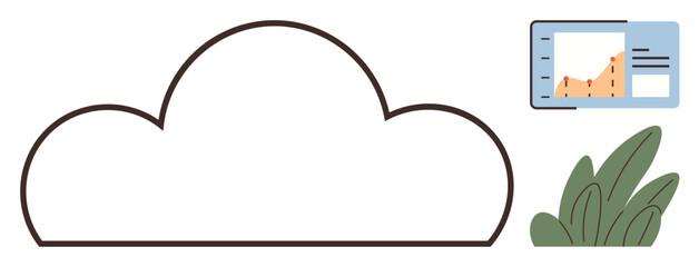 Cloud outline, analytics chart with rising trendlines, and green foliage symbolize data technology, growth, sustainability. Ideal for cloud storage, analytics, innovation, business growth eco-tech