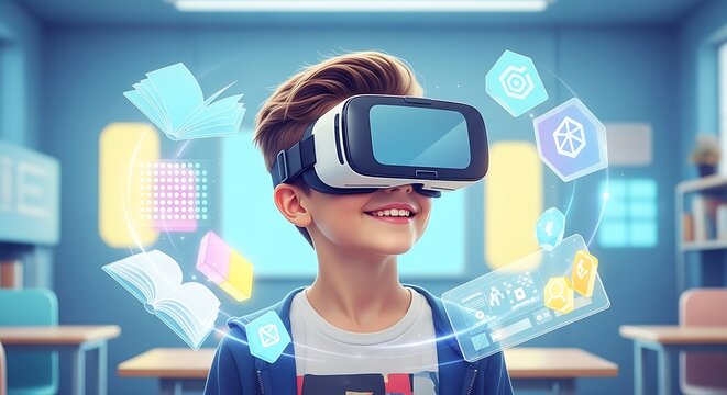 Smiling boy in a classroom using a VR headset with a floating holographic interface for learning.