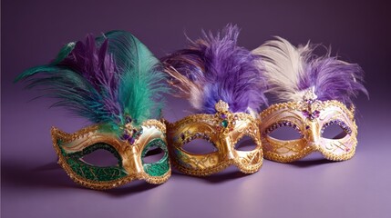 Obraz premium Festive Mardi Gras Masks Displayed on a Purple Surface, Symbolizing Celebration and Carnival Traditions