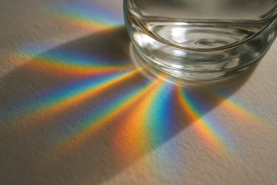 Prismatic light through a glass bottle casts a rainbow spectrum on textured paper, abstract background with copy space. - Powered by Adobe