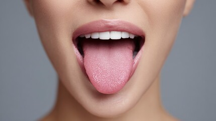 Obraz premium Young woman showing her pink tongue and healthy teeth, close-up on open mouth with clear skin. A concept photo for oral hygiene and health.