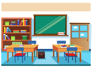 Empty classroom with bookshelf and green chalkboard