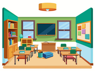 A bright and organized classroom with desks chairs and a bookshelf