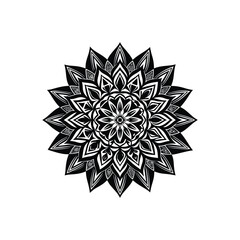 Intricate black and white mandala with numerous detailed petal layers and geometric patterns