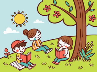 Obraz premium Children enjoying reading outdoors under a tree