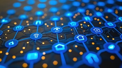 Abstract network of blue icons connected by lines, with orange dots