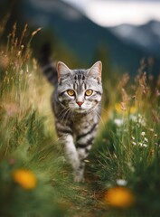 Obraz premium A beautiful tabby cat confidently walks towards the camera through a field of tall green grass, showcasing its natural grace.