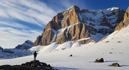 Lone Hiker Gazing at Majestic Mountain Range Under a Bright Blue Sky in Winter