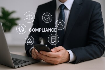 Naklejka premium Compliance Concept: Businessman Using Smartphone with Regulatory Icons Illustrating Legal and Ethical Standards