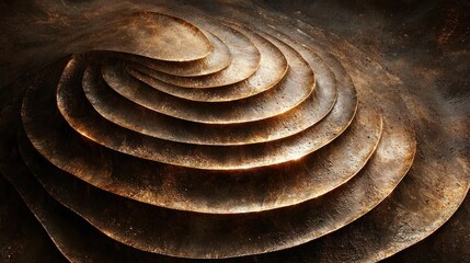 Abstract layers of textured, concentric shapes with warm, metallic tones