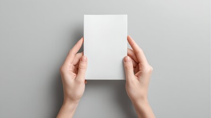 Mockup of Woman's Hands Holding a Vertical White Card, Flyer or Invitation on Neutral Background
