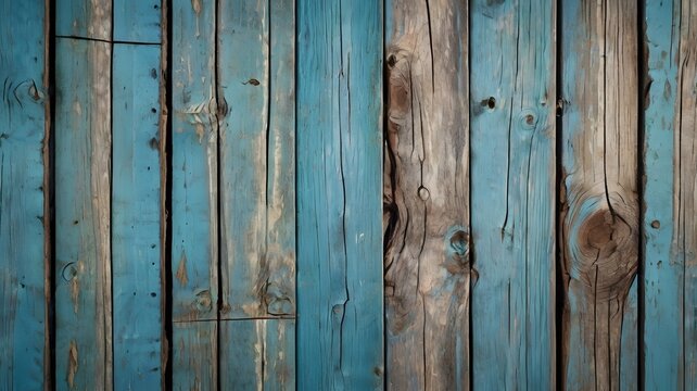 Rustic background of an old wooden wall with weathered vertical planks. Faded and peeling blue paint reveals the natural aged wood grain, creating a vintage texture.