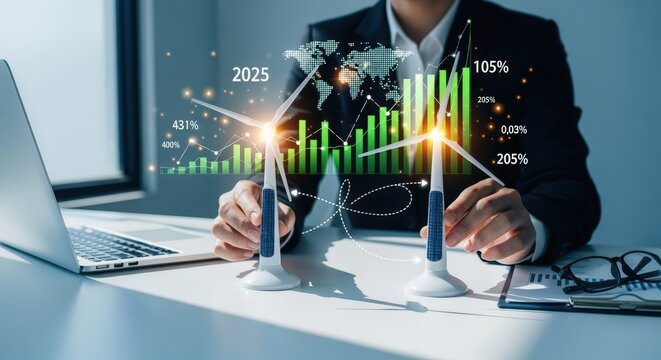 Sustainable Energy Growth: Business Person Analyzing Wind Turbine Performance and Investment Potential with Data Analytics