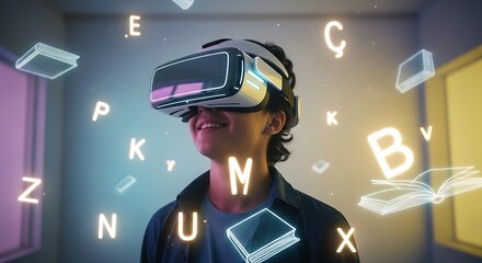 Young Man Immersed in VR Learning Experience with Floating Letters and Books
