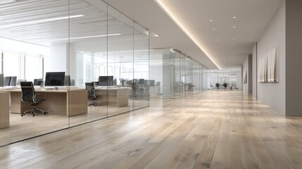 Modern Office Interior with Glass Walls, Wooden Floor, Desks and Chairs, Creating a Bright Workspace