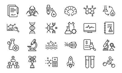 24 Science and Laboratory Line Icons DNA, Chemistry, Biology, Physics, Research, Experiment, and Medical Vector Icon Set for Scientists, Teachers, and STEM Projects