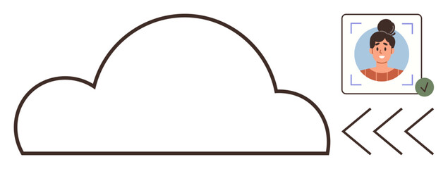 Cloud outline, user profile icon with green tick, and arrow indicators for upload. Ideal for data management, cloud computing, user access, personal storage, online security, tech apps simple flat