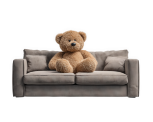 Teddy bear plush toy soft brown slumped modern couch living room cozy cute relaxation home decor plushie comfort childhood stuffed animal adorable interior furniture sitting leisure peaceful