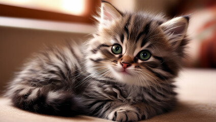 Cute portrait of a domestic tabby cat with soft fur and bright eyes