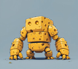 Whimsical Cartoon Robot Character Made of Cheese with Glowing Eyes on a Solid Grey Background