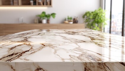 Polished marble countertop surface in a modern kitchen.