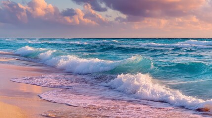 Gentle waves rolling onto a sandy beach at sunset, with soft pink and purple clouds in the sky