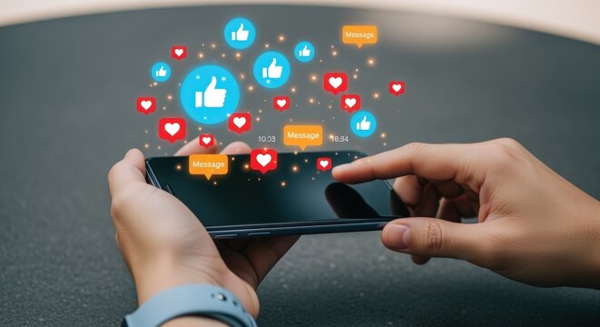 Engaged User Holding Phone Displaying Social Media Notifications, Likes, and Messages for Digital Communication