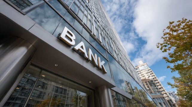 Modern bank building features sleek glass facade reflecting urban environment - Powered by Adobe