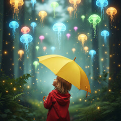 A whimsical scene of a child in a red raincoat, holding a bright yellow umbrella, and looking up in awe at a sky full of colorful, glowing jellyfish floating like balloons. The background is a magical