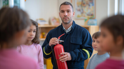 Obraz premium Firefighter Teaches Children Fire Extinguisher Use in School Safety Lesson
