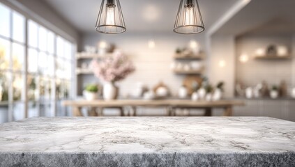 Empty light gray marble countertop in front of a blurred kitchen interior.