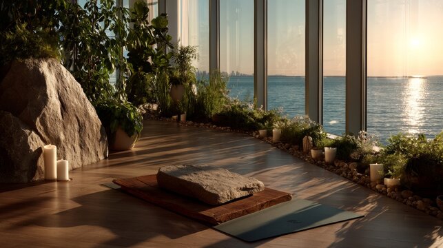 Serene indoor yoga and meditation space with plants, rocks, candles, and a yoga mat overlooking the ocean at sunset