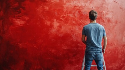 Obraz premium Man on stairs painting wall red, useful for articles about interior design and renovation process.