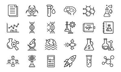 24 Science and Laboratory Line Icons DNA, Chemistry, Biology, Physics, Research, Experiment, and Medical Vector Icon Set for Scientists, Teachers, and STEM Projects
