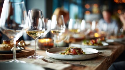 A beautifully set table with wine glasses, delicious food, and soft lighting creates a warm and inviting atmosphere for a special occasion.