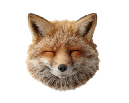 Smiling fox head fluffy fur closed eyes realistic animal portrait orange brown color cute expression isolated on transparency background detailed texture cheerful mood