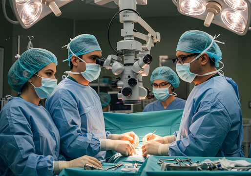 Surgical team performing a delicate operation under bright lights