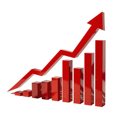 a three-dimensional red graph illustrates upward financial growth with ascending bar charts and an arrow pointing towards success.