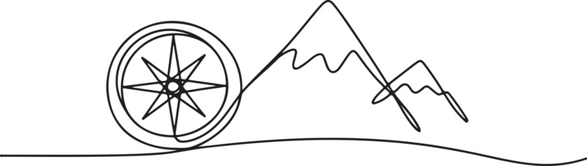 Obraz premium Compass and Mountain Line Art Vector Illustration for Adventure and Travel