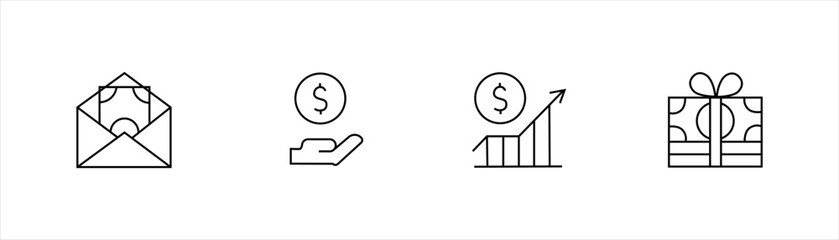 Money icons set with envelope, hand holding coin, growth chart, and gift box in minimal line style for finance, banking, and business design.

