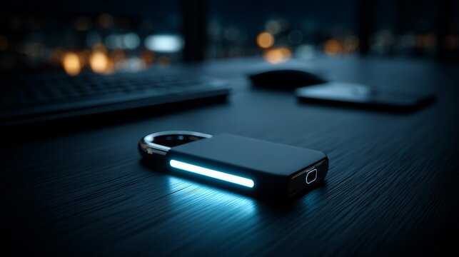 Digital security padlock with LED light lying on dark office desk near keyboard and smartphone