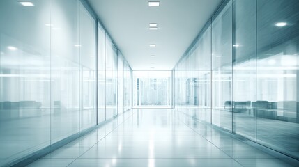 Sleek Modern Office Hallway with Glass Walls and Natural Light, Representing Corporate Architecture and Design