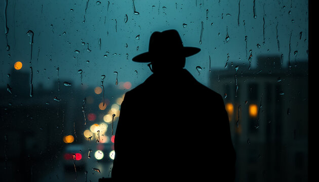 Silhouette of a Man in a Hat Watching a Rainy Cityscape at Night