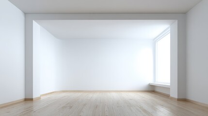 Fototapeta premium Bright empty room with white walls, wooden floor, and a large window offering natural light