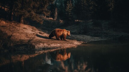 Big brown bear explores shoreline at golden hour near serene lake surrounded by forest