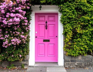 Pink door flanked by flowering vines on a stone wall