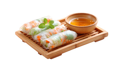 Fresh spring rolls with vegetables and herbs served on bamboo tray with dipping sauce, healthy appetizer, vibrant colors, Asian cuisine, refreshing and appetizing presentation