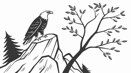 Eagle perched on a mountain peak near a tree with leaves and a pine tree in a black and white drawing | editable eps vectors silhouette